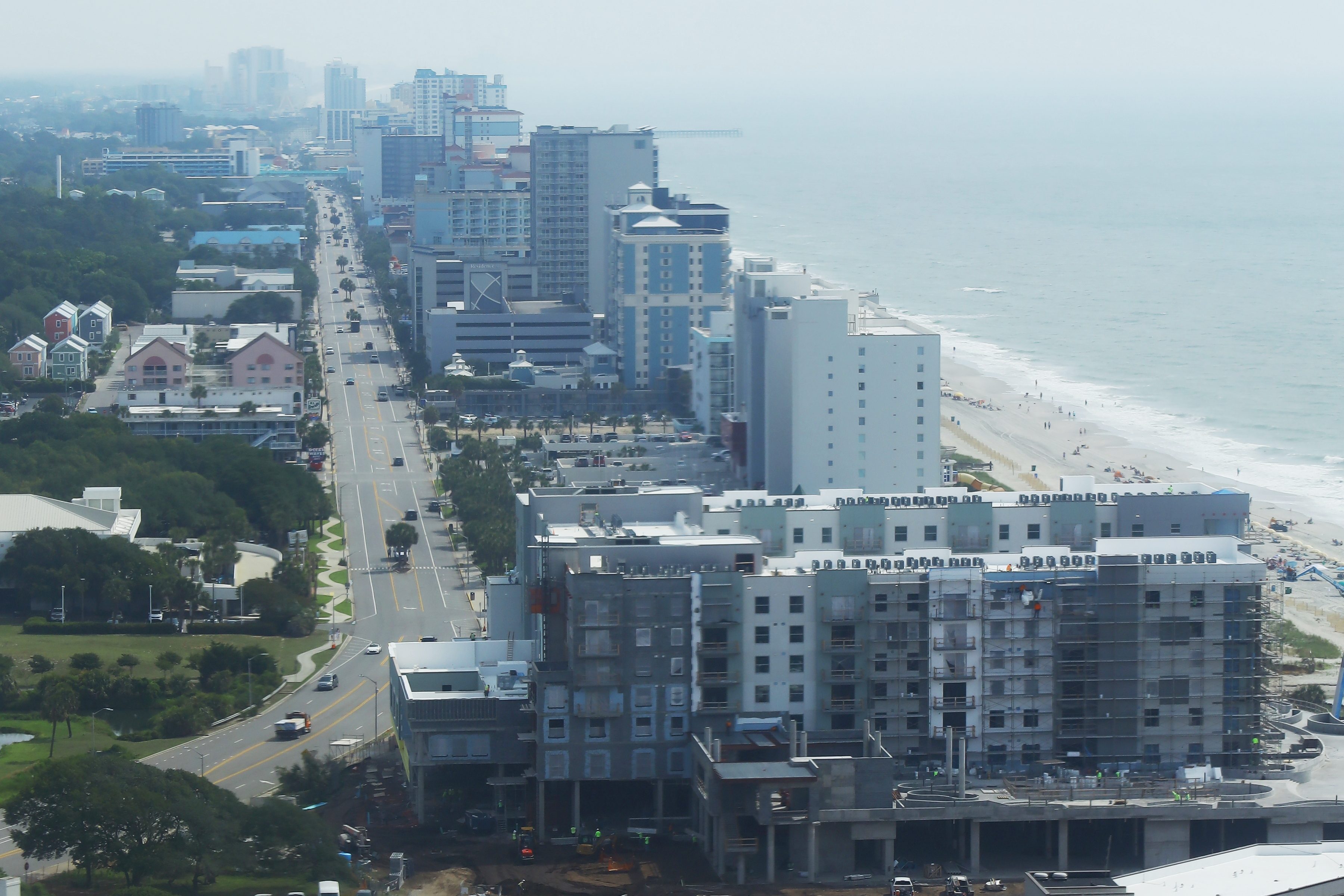 Aerial view of oceanfront resorts along the Grand Strand